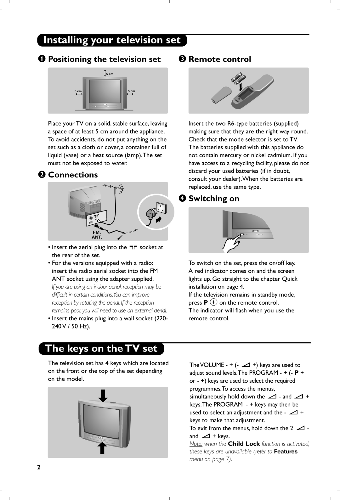 Philips 21PT5518/58 Installing your television set, Keys on the TV set, Positioning the television set Remote control 