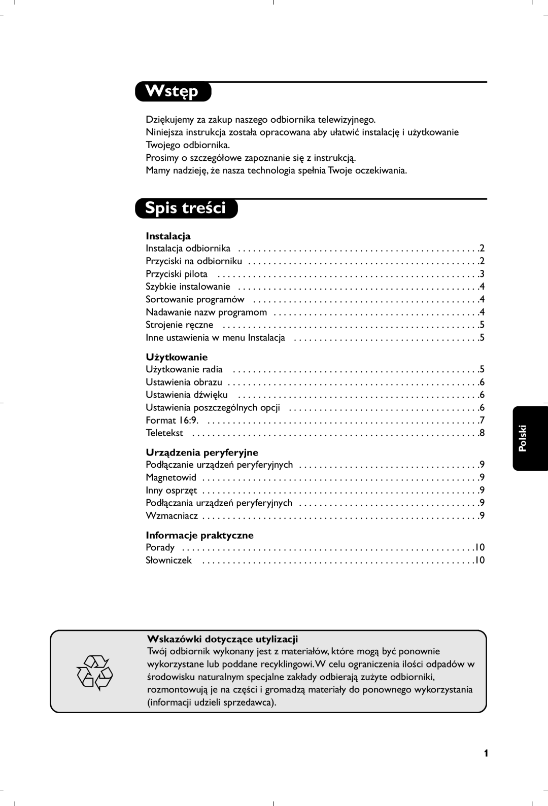 Philips 21PT5518/58 manual Wstęp, Spis treści 