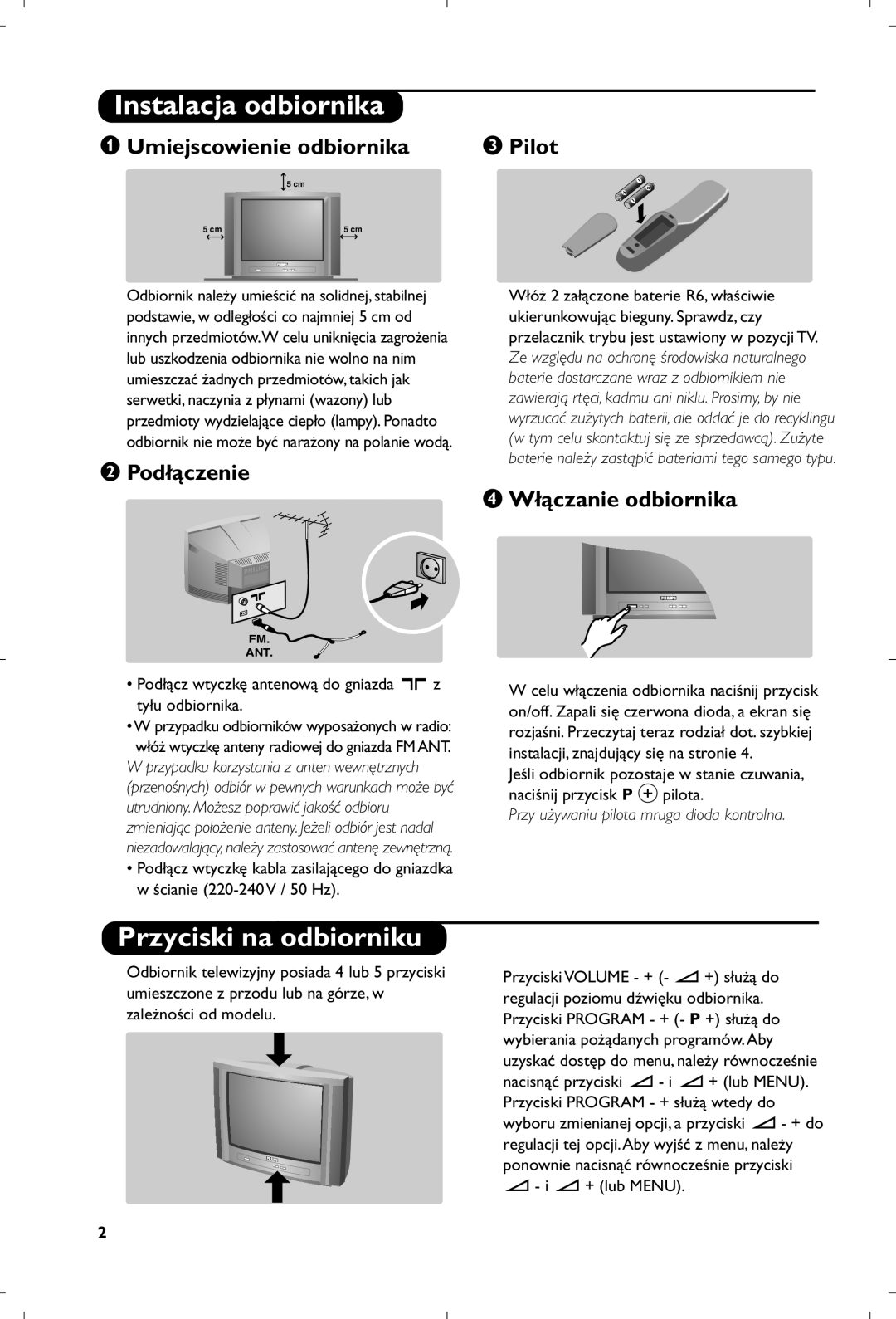 Philips 21PT5518/58 manual Instalacja odbiornika, Przyciski na odbiorniku, Umiejscowienie odbiornika Pilot, Podłączenie 