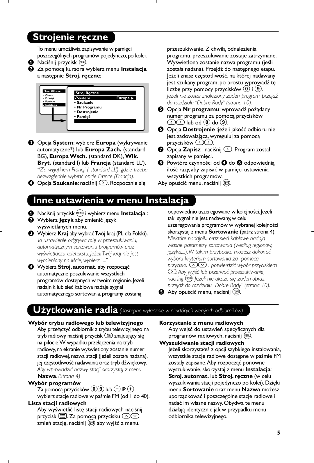 Philips 21PT5518/58 manual Strojenie ręczne, Inne ustawienia w menu Instalacja 