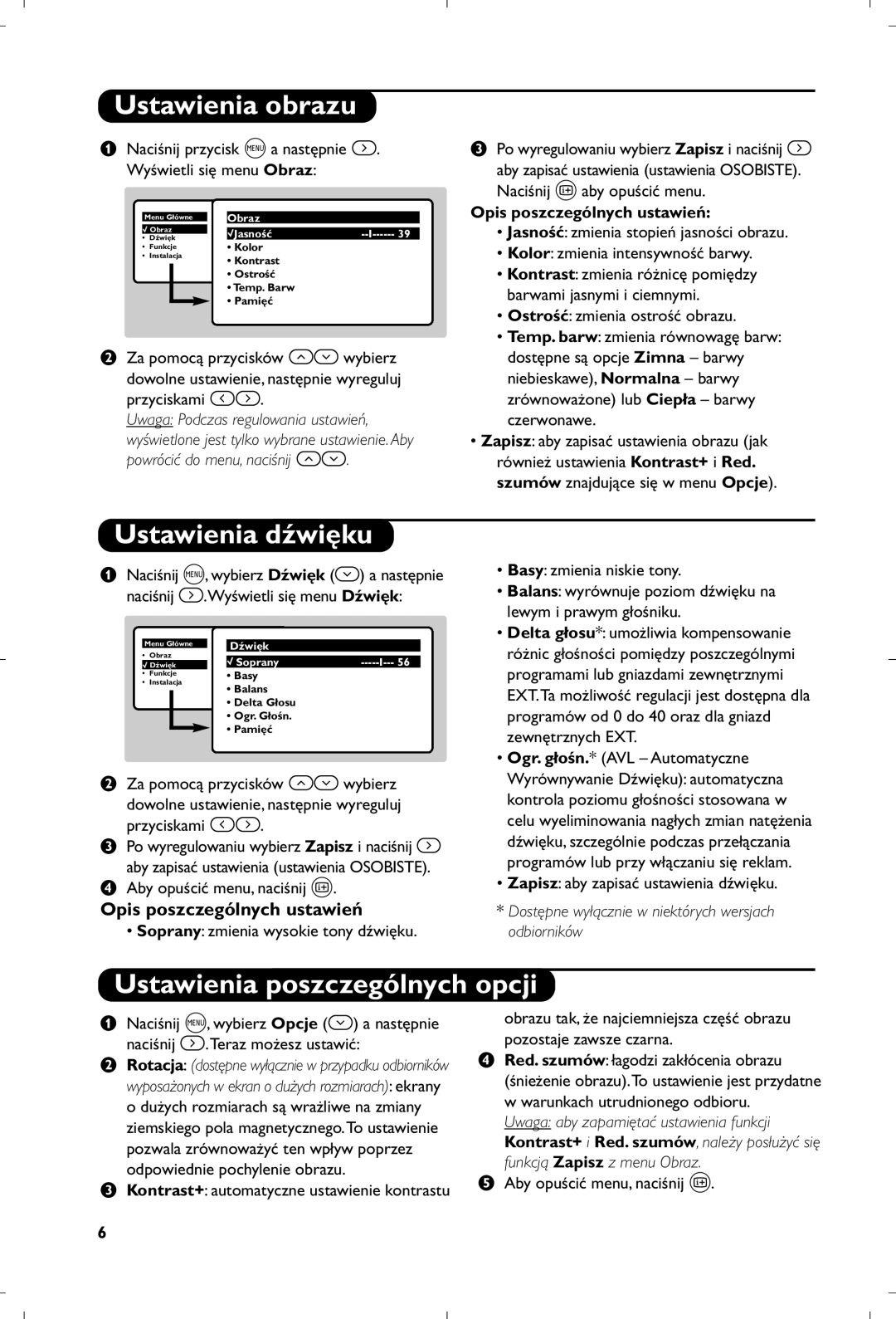 Philips 21PT5518/58 Ustawienia obrazu, Ustawienia dźwięku, Ustawienia poszczególnych opcji, Opis poszczególnych ustawień 