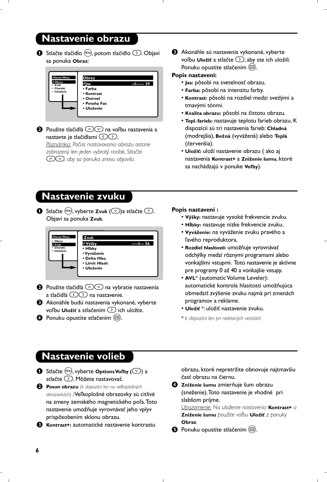 Philips 21PT5518/58 manual Nastavenie obrazu, Nastavenie zvuku, Nastavenie volieb, Uložiť * uložiť nastavenie zvuku 