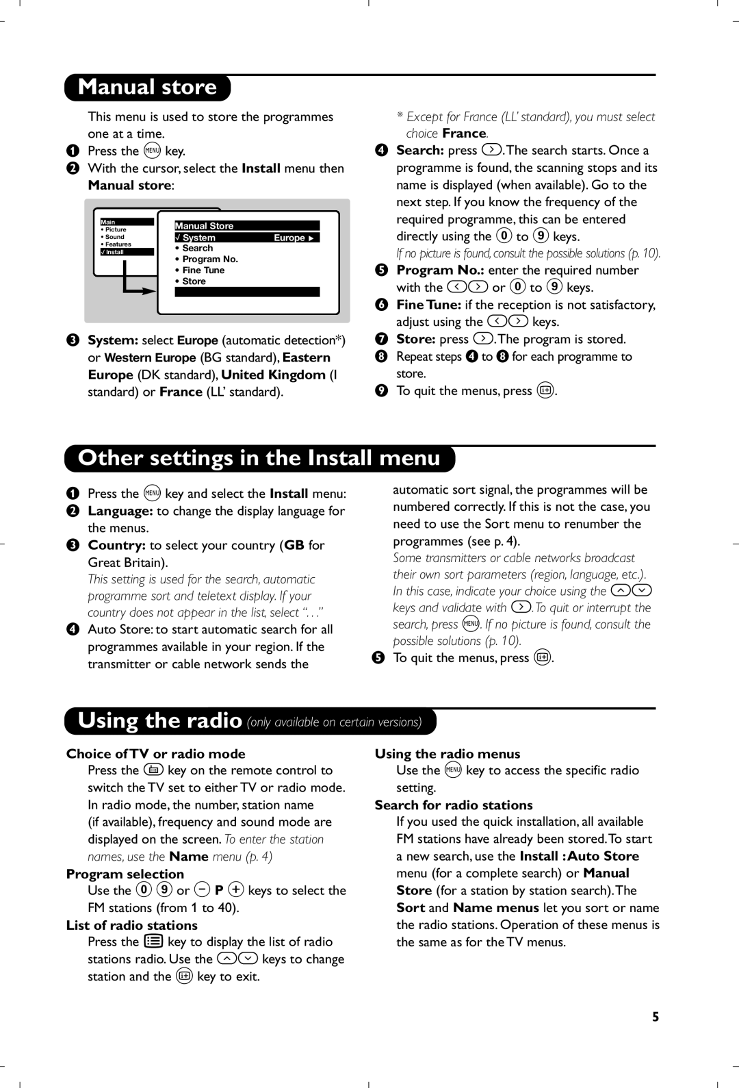 Philips 21PT5518/58 manual Manual store, Other settings in the Install menu 