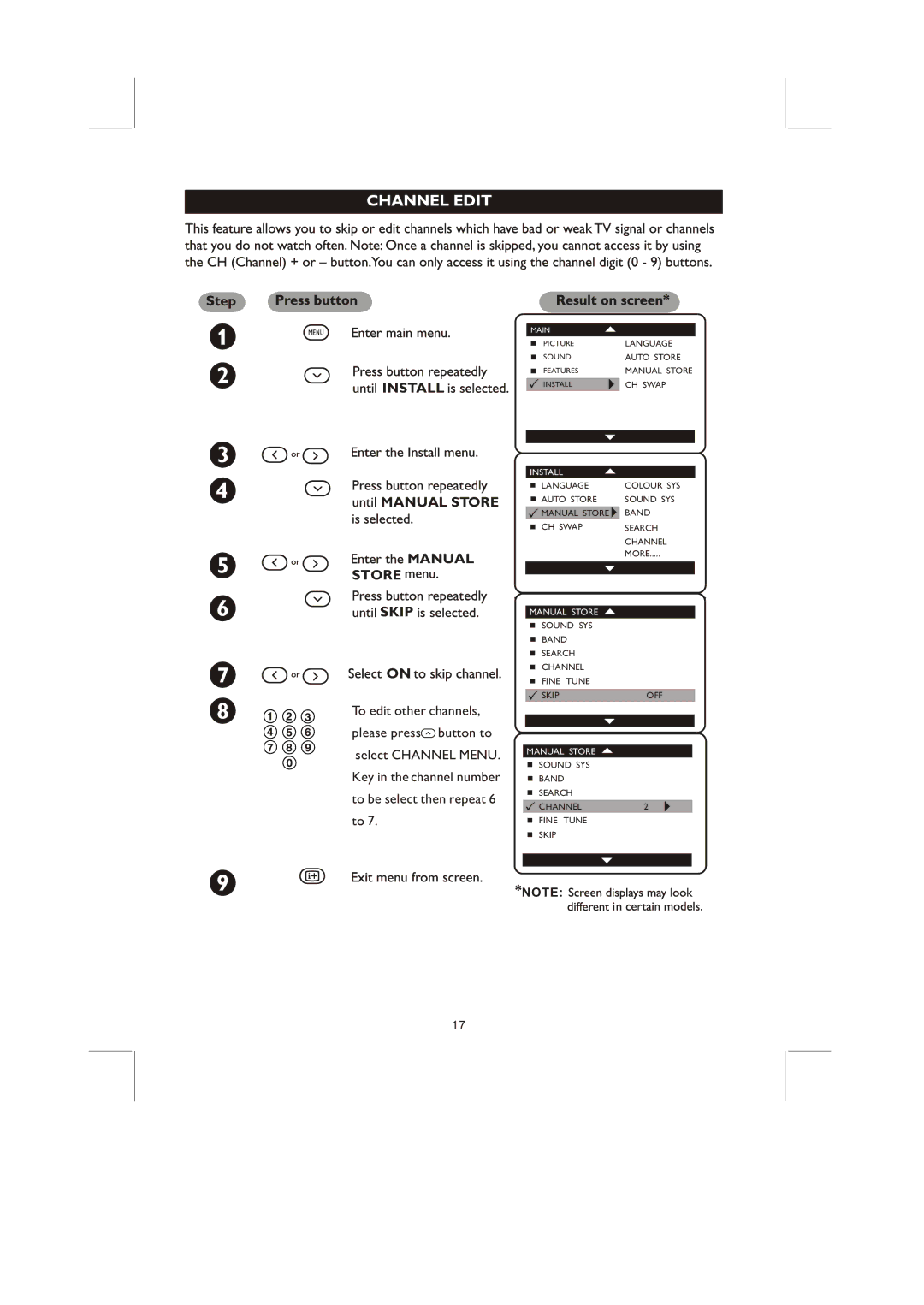 Philips 21PT8867/94, 21PT5547/94, 21PT5437/94 user manual Manual Store Skip 