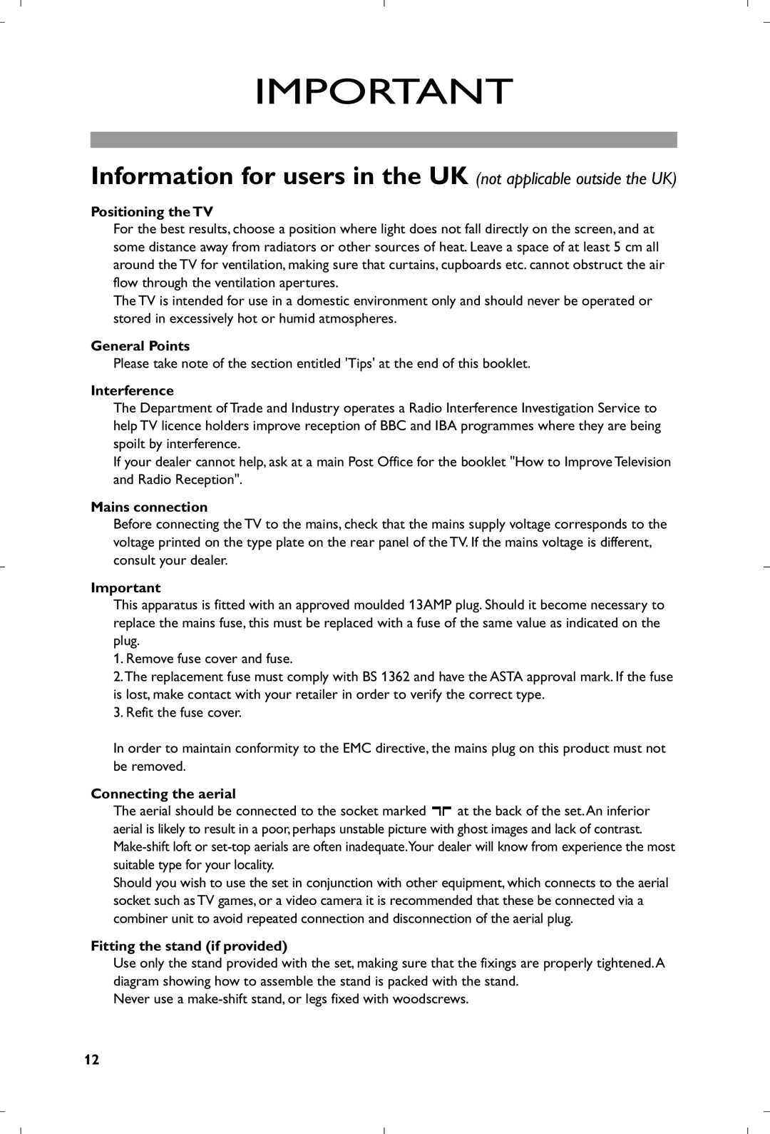 Philips 21PT5618/01 manual Positioning the TV, General Points, Interference, Mains connection, Connecting the aerial 