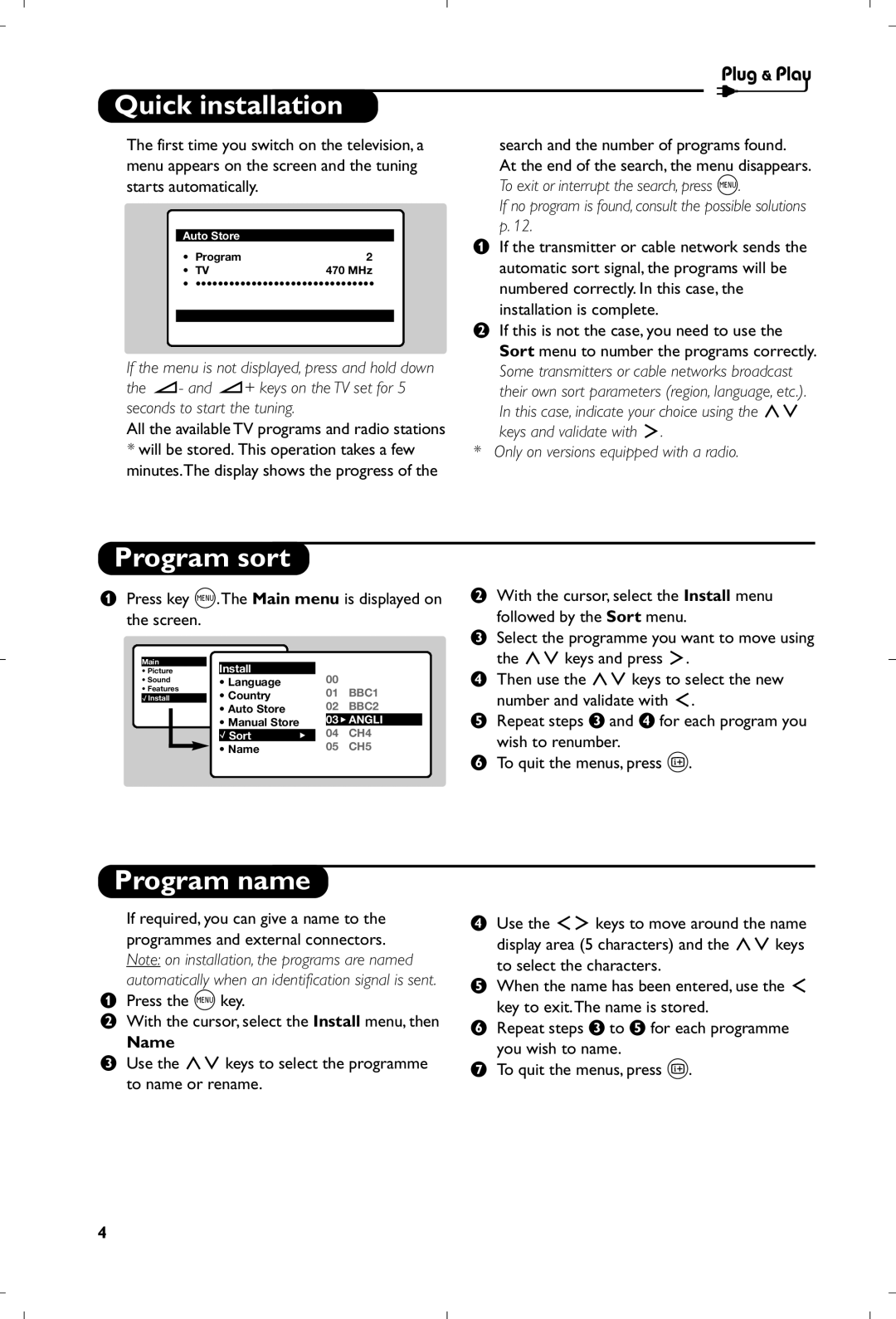 Philips 21PT5618/01 manual Quick installation, Program sort, Program name, Name 