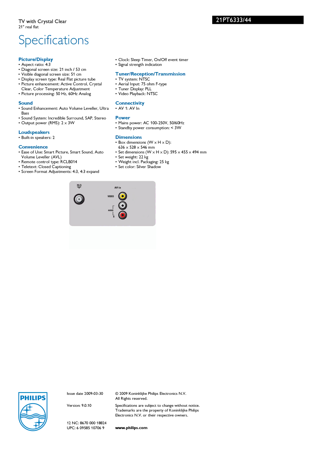 Philips 21PT6333/44 manual Specifications 