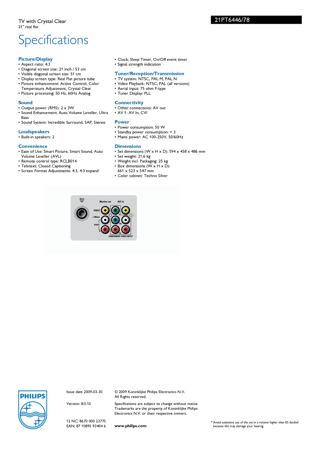 Philips 21PT6446/78 manual Specifications 