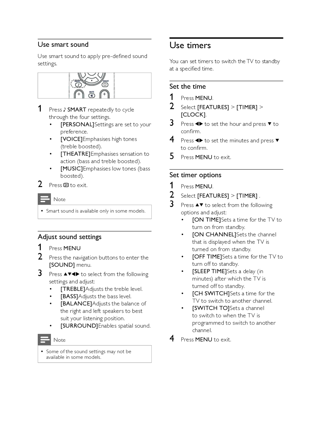 Philips 21PT3429/94, 21PT8439 Use timers, Use smart sound, Adjust sound settings, Set the time, Set timer options 