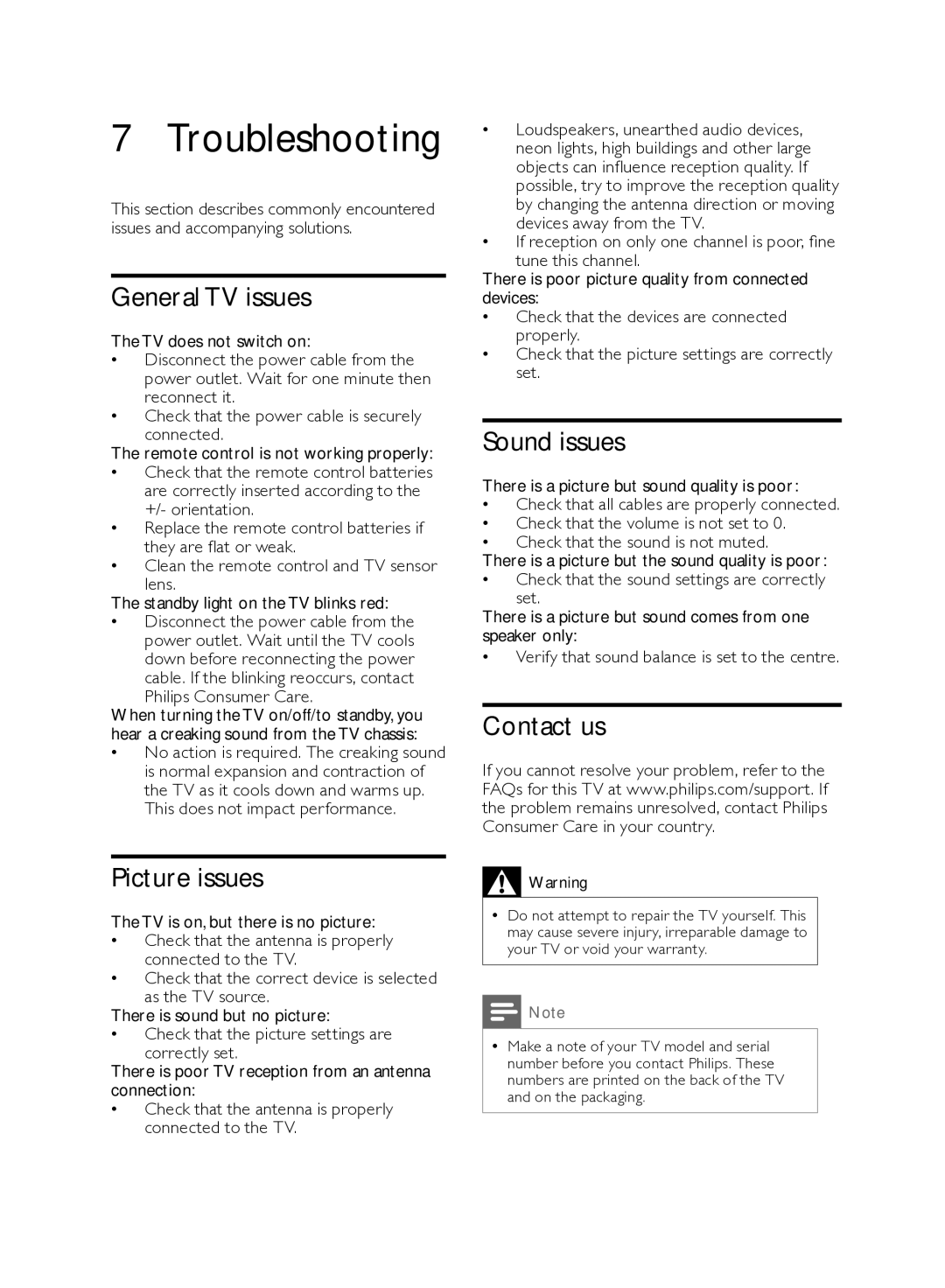 Philips 21PT8439/94, 21PT3429/94 user manual Troubleshooting, General TV issues, Picture issues, Sound issues, Contact us 