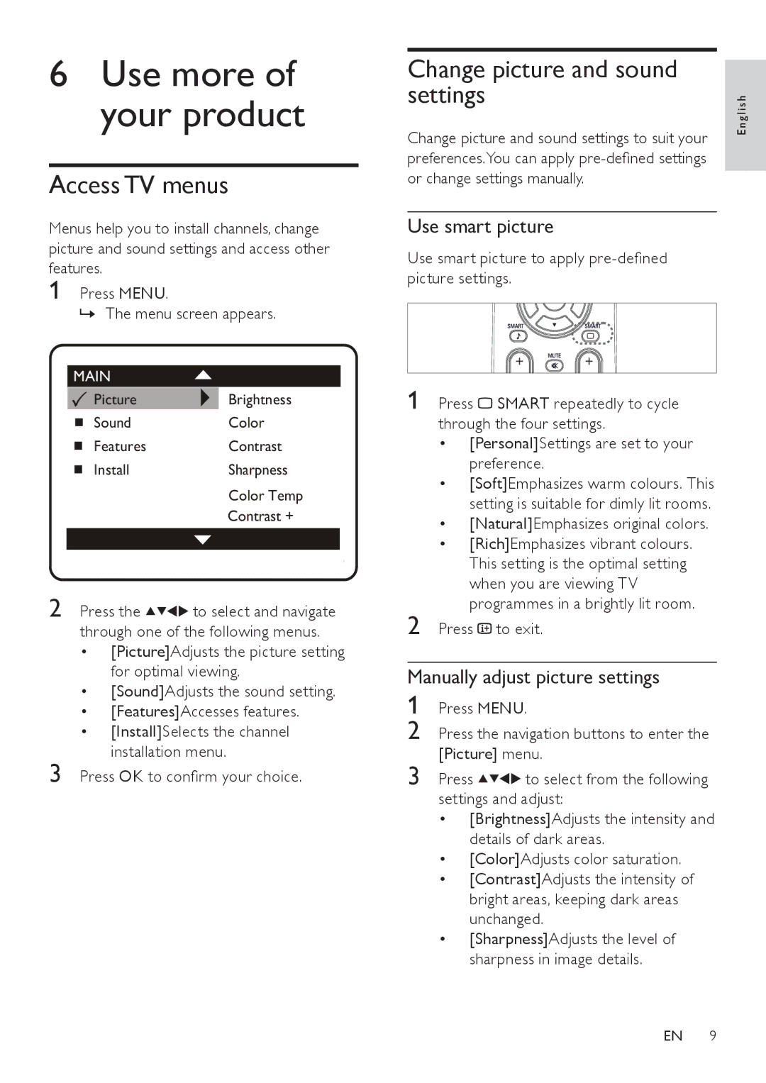 Philips 21PT9460/44, 21PT9460/55 user manual Access TV menus, Change picture and sound settings, Use smart picture 