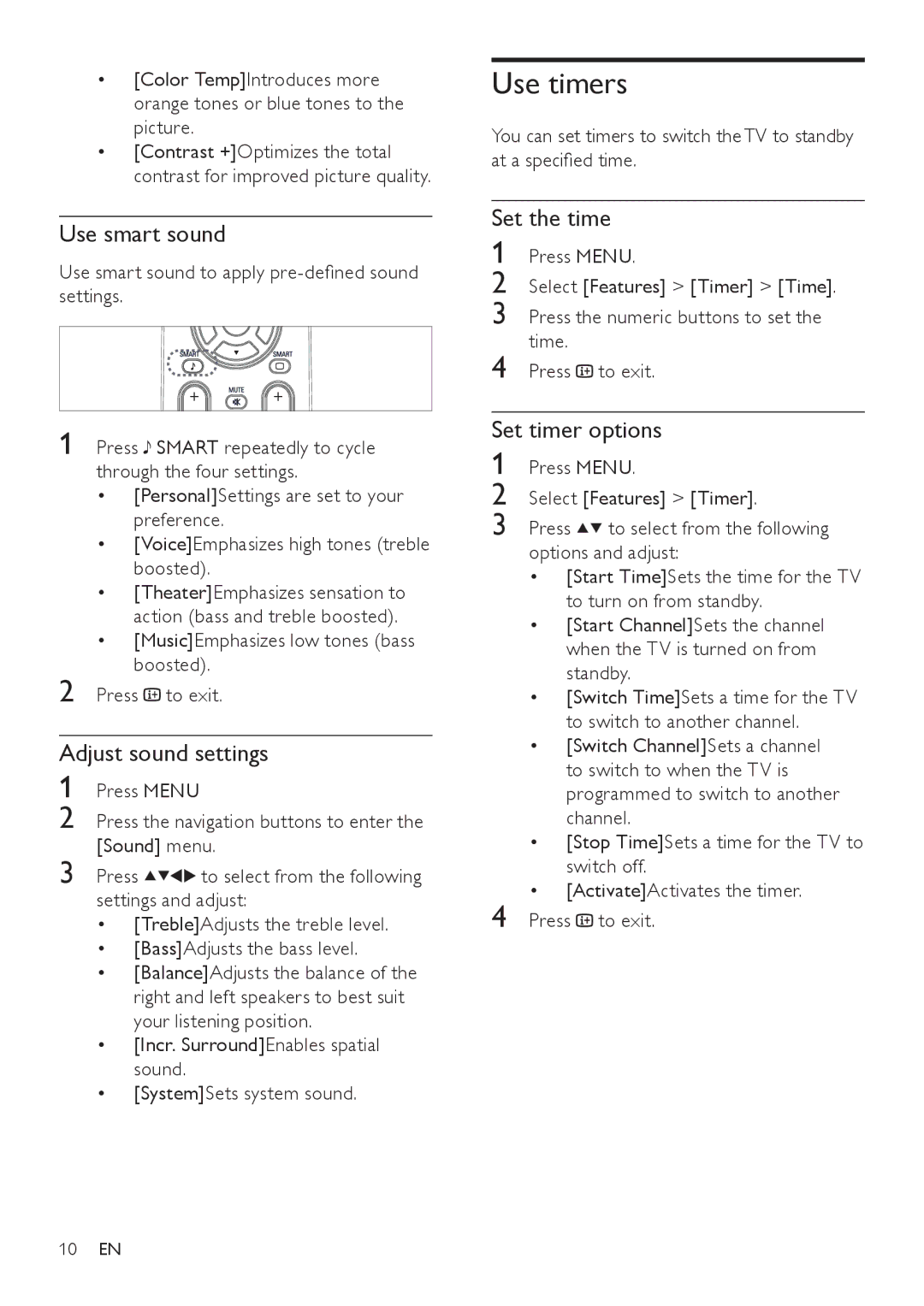 Philips 21PT9460/55, 21PT9460/44 Use timers, Use smart sound, Adjust sound settings, Set the time, Set timer options 