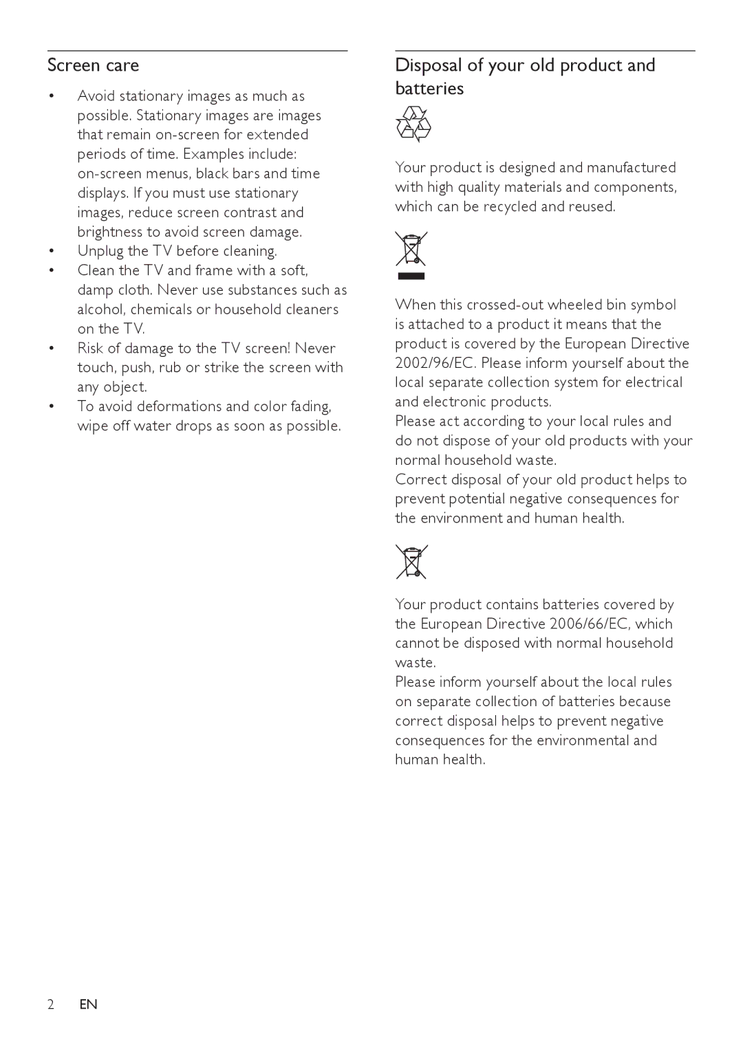 Philips 21PT9460/44, 21PT9460/55 user manual Screen care, Disposal of your old product and batteries 