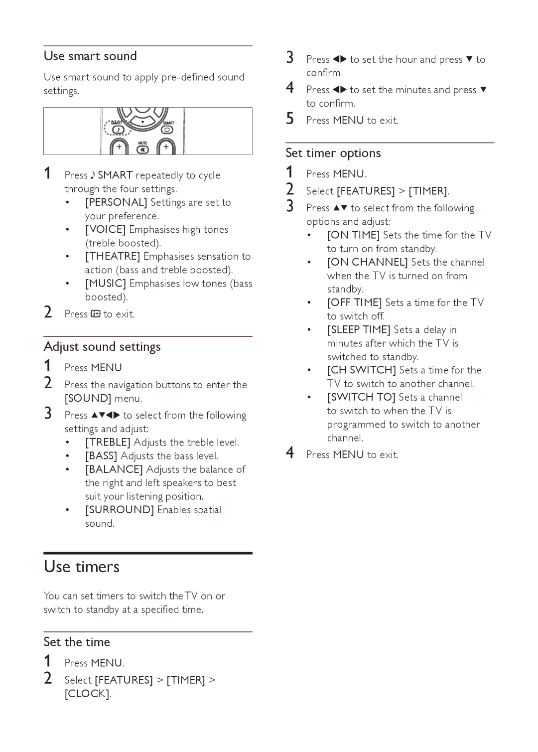 Philips 21PT9469/94 user manual Use timers, Use smart sound, Adjust sound settings, Set the time, Set timer options 