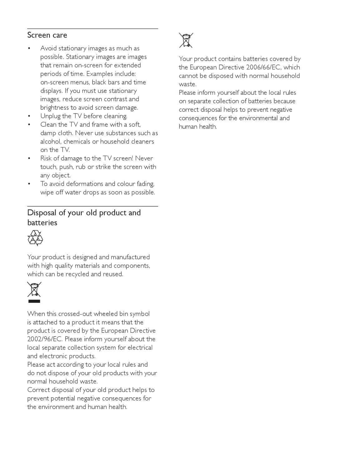 Philips 21PT9469/94 user manual Screen care, Disposal of your old product and batteries 