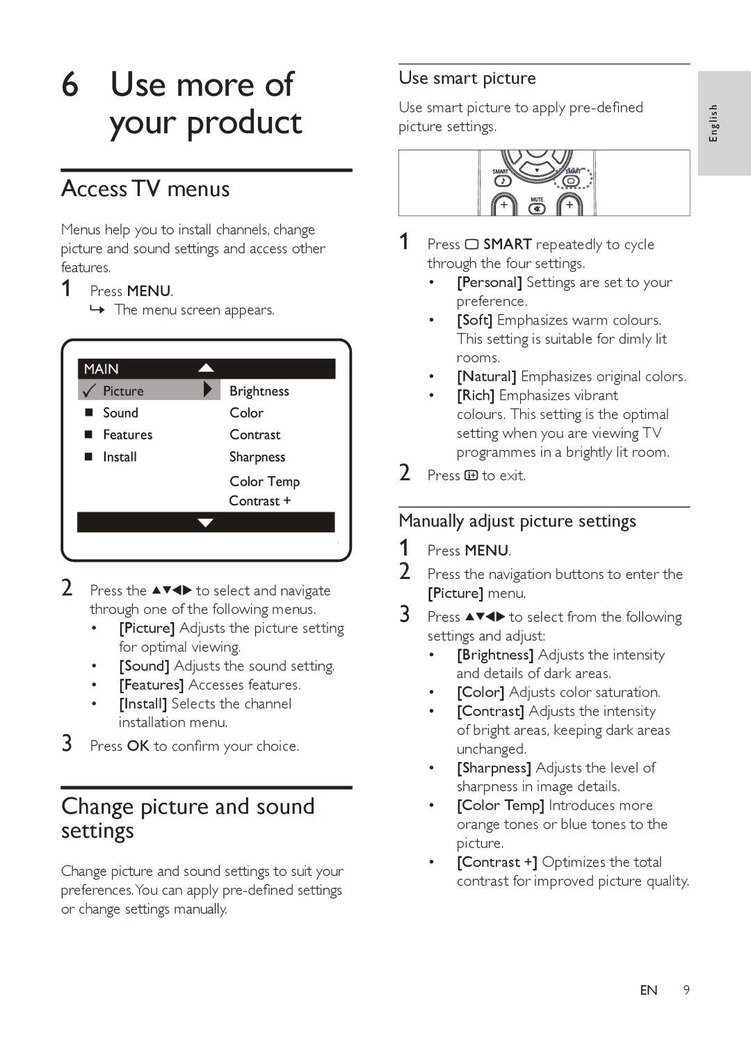 Philips 21PT9469/55 Use more of your product, Access TV menus, Change picture and sound settings, Use smart picture 