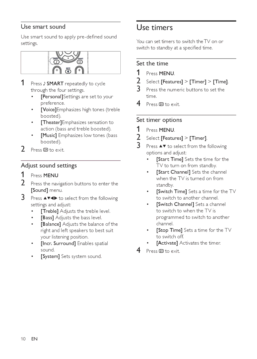 Philips 21PT9469/44, 21PT9469/55 Use timers, Use smart sound, Adjust sound settings, Set the time, Set timer options 