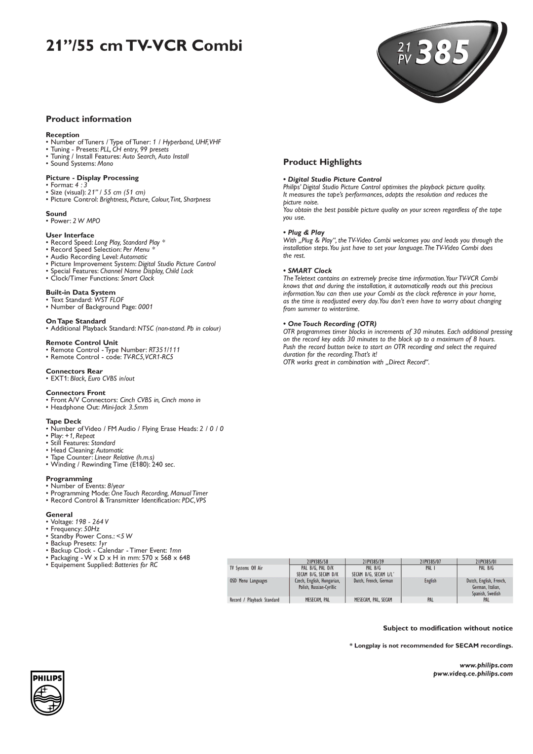 Philips 21PV307, 21PV339, 21PV301 manual Product information, Product Highlights 