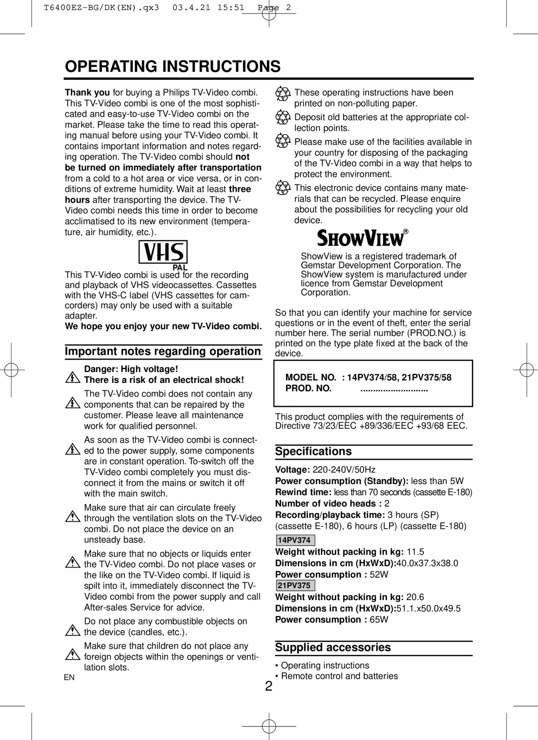 Philips 21PV375 manual Important notes regarding operation, Specifications, Supplied accessories 