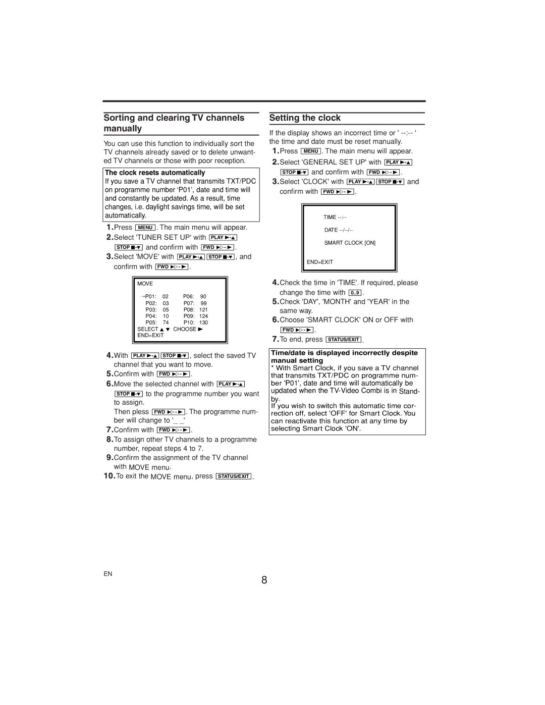 Philips 14PV375/07, 21PV375/07 Sorting and clearing TV channels manually, Setting the clock, Clock resets automatically 