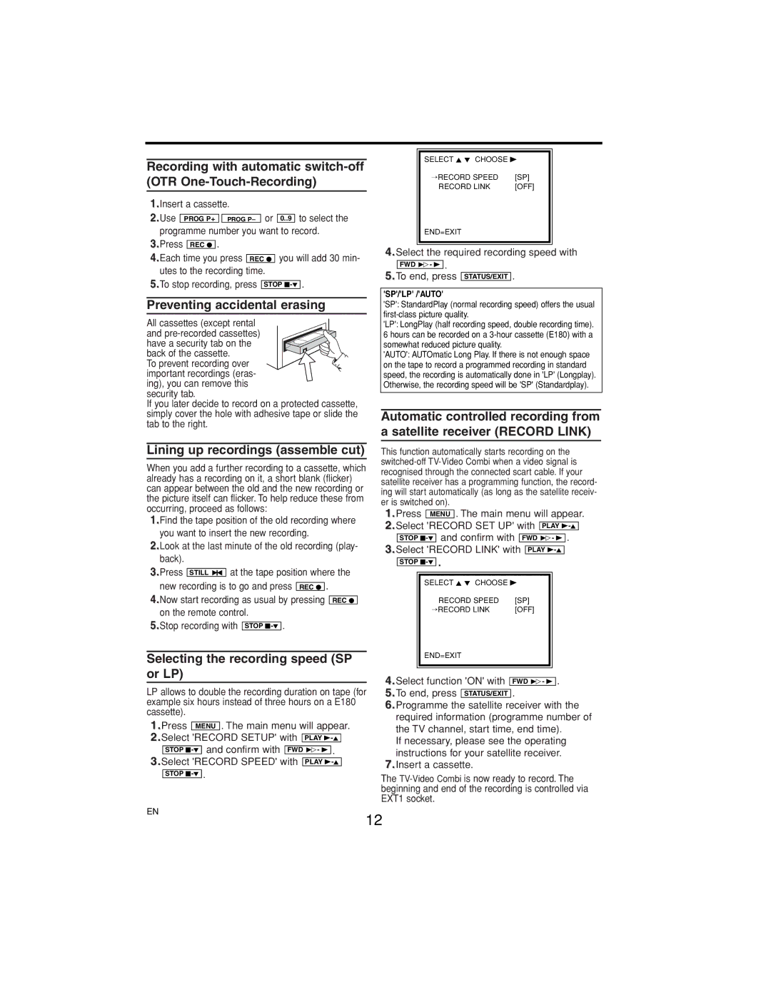 Philips 14PV374/07, 21PV375/07 Recording with automatic switch-off OTR One-Touch-Recording, Preventing accidental erasing 