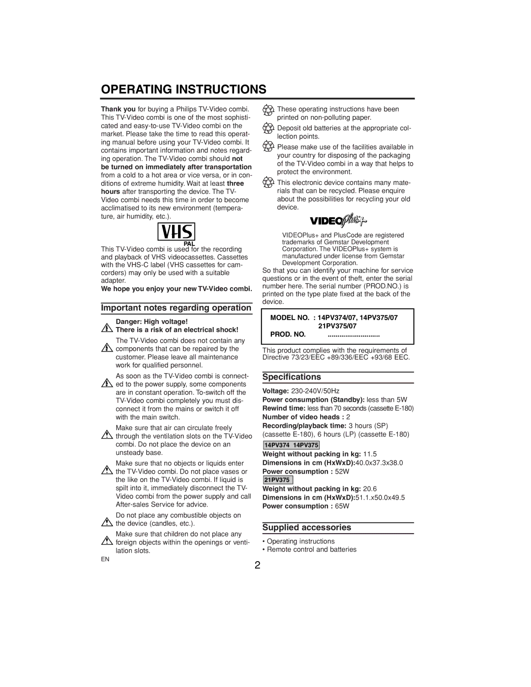 Philips 21PV375/07, 14PV375/07, 14PV374/07 manual Important notes regarding operation, Specifications, Supplied accessories 