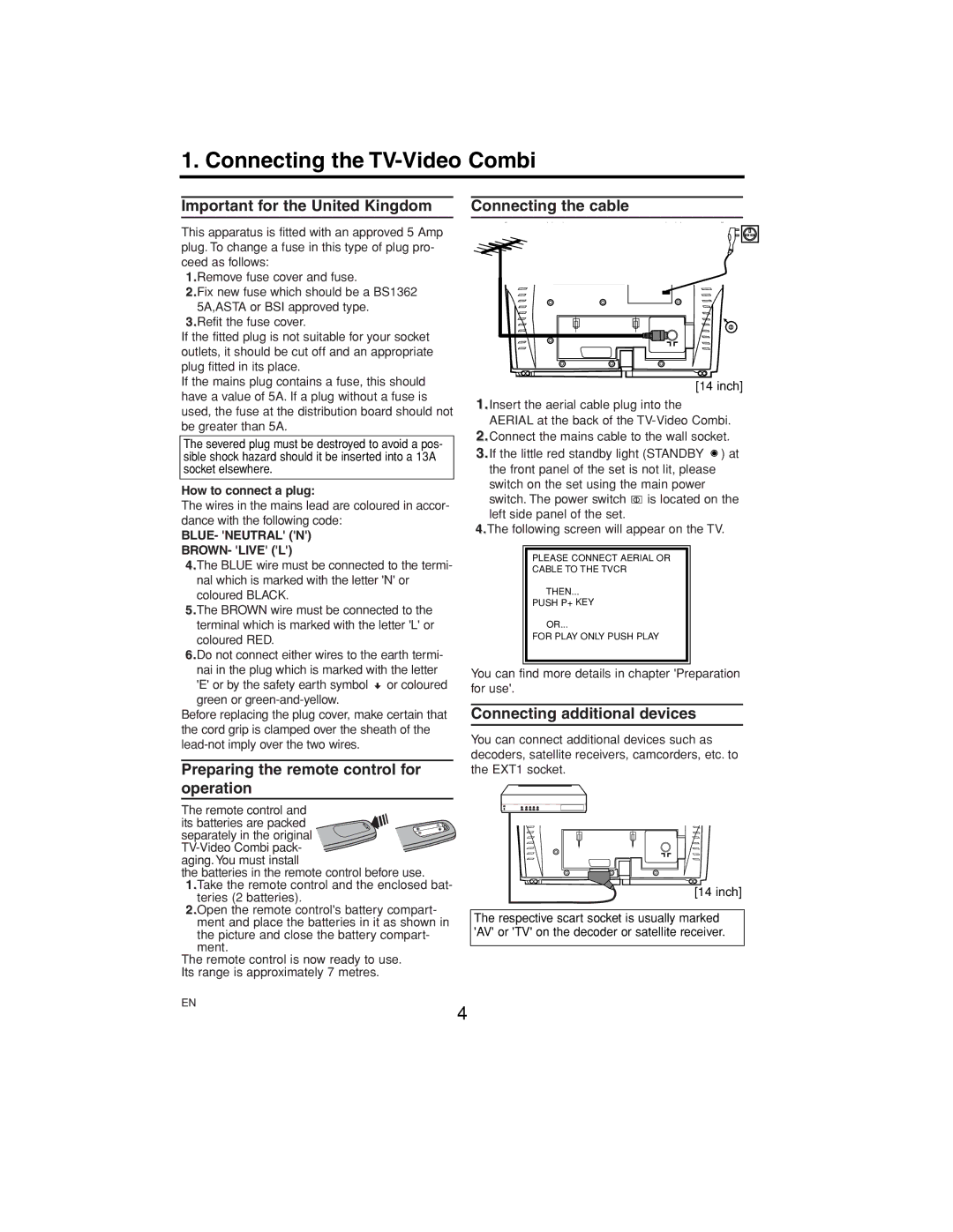 Philips 21PV375/07, 14PV375/07 manual Connecting the TV-Video Combi, Important for the United Kingdom, Connecting the cable 