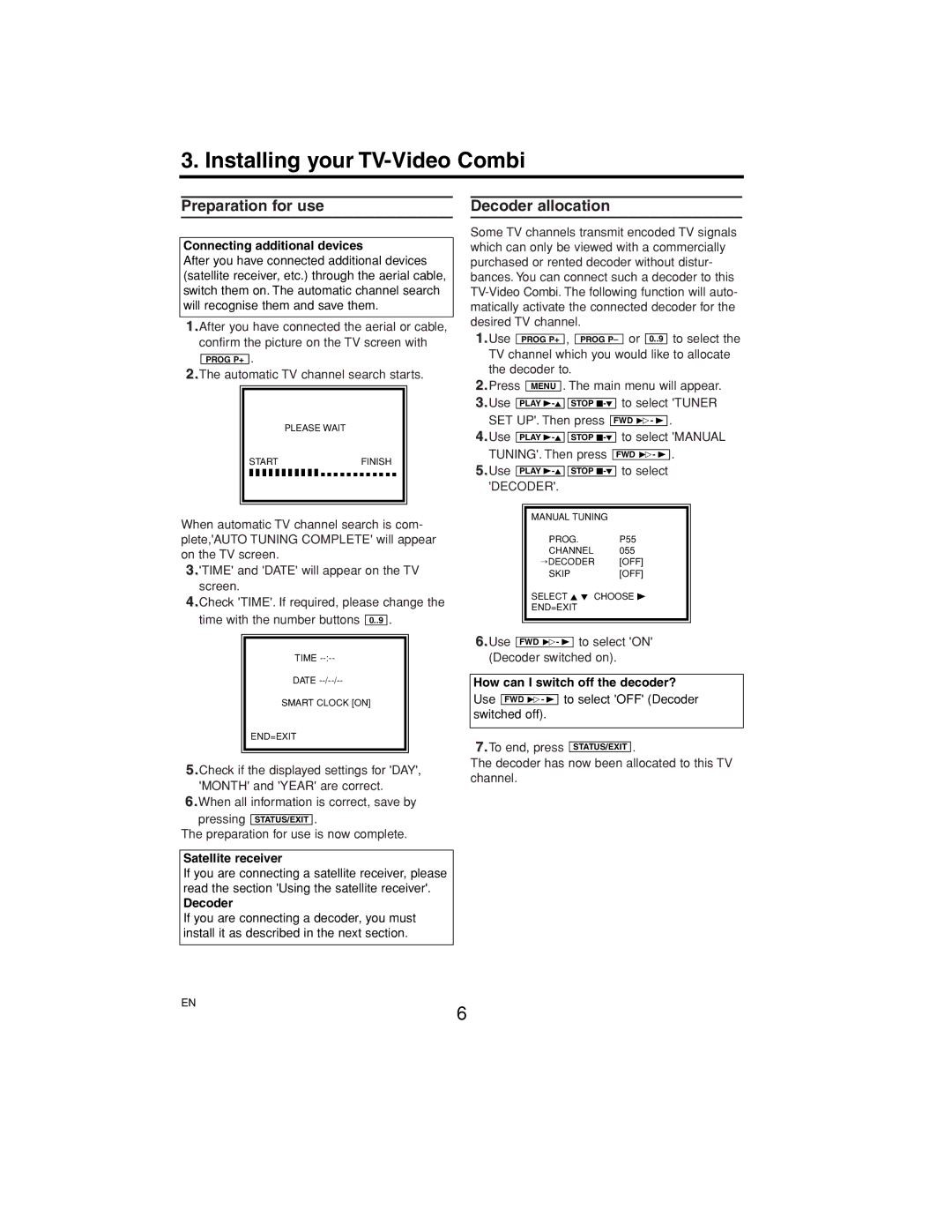 Philips 14PV374/07, 21PV375/07, 14PV375/07 manual Installing your TV-Video Combi, Preparation for use, Decoder allocation 