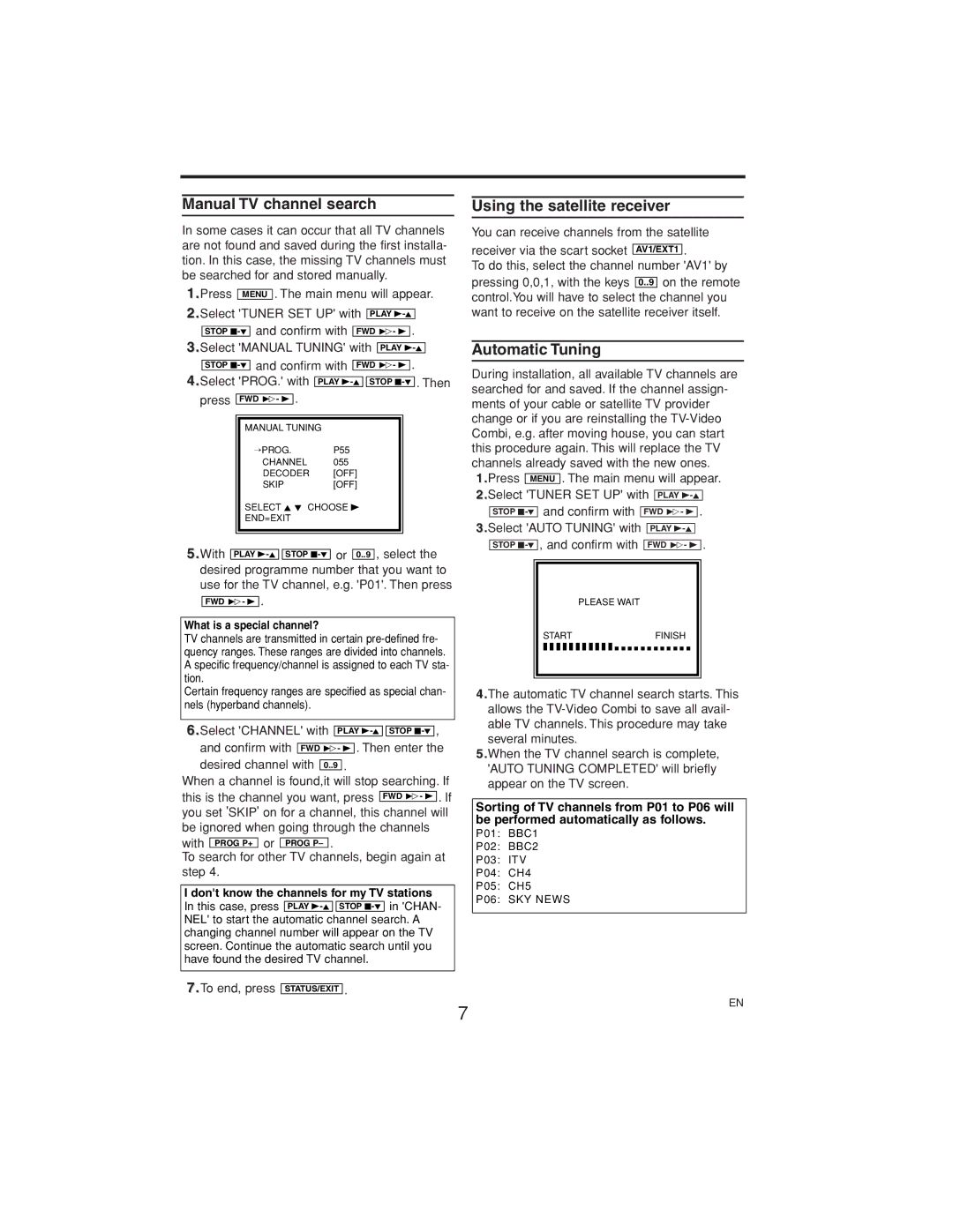 Philips 21PV375/07, 14PV375/07, 14PV374/07 manual Manual TV channel search, Using the satellite receiver, Automatic Tuning 