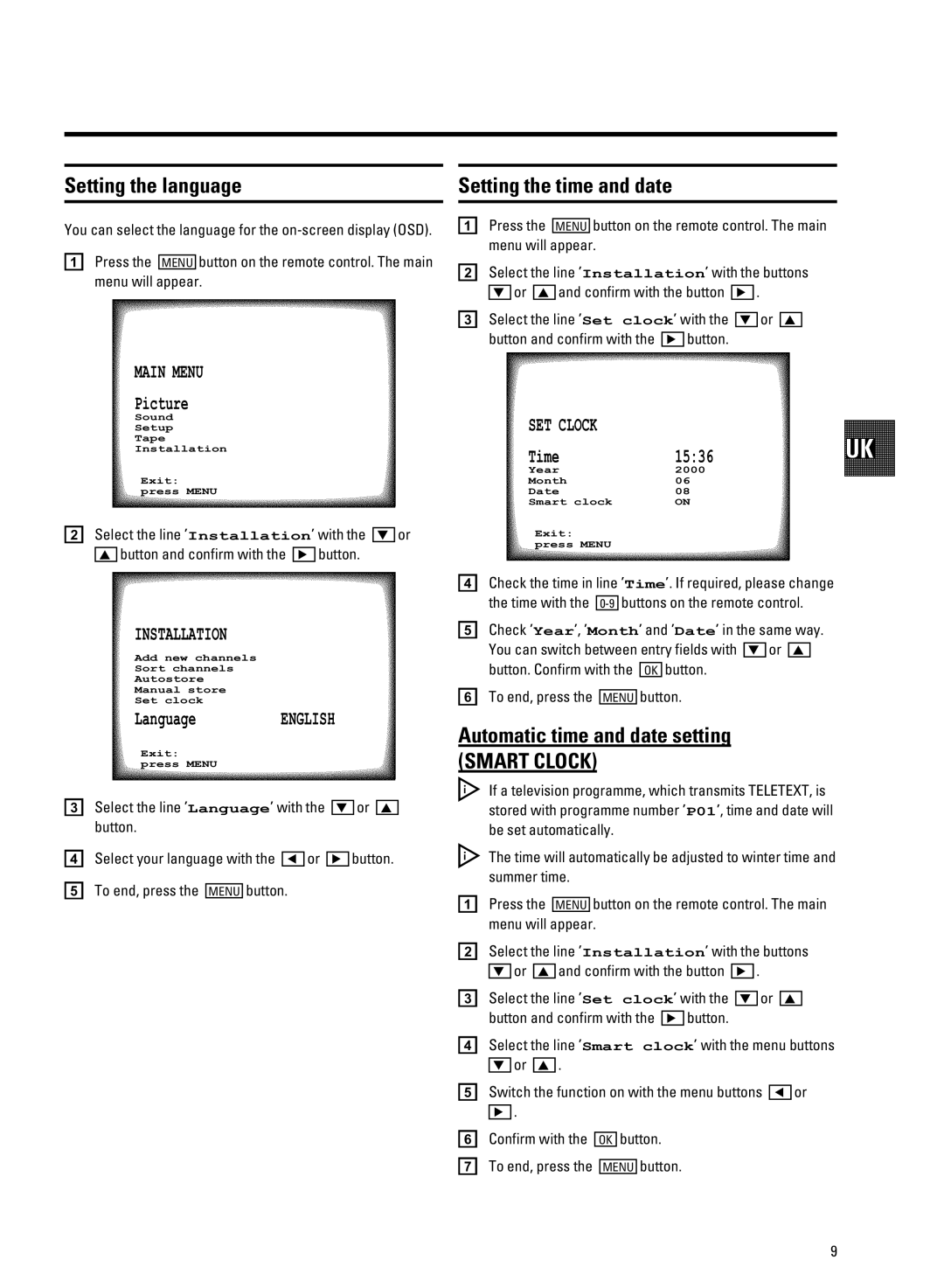 Philips 21PV708-715-908-918/39 manual Setting the language, Setting the time and date, Automatic time and date setting 