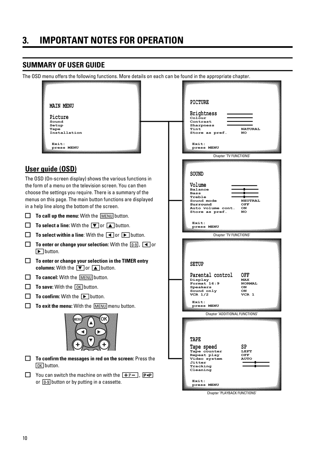 Philips 21PV708-715-908-918/39 manual Important Notes for Operation, User guide OSD, Menu button 