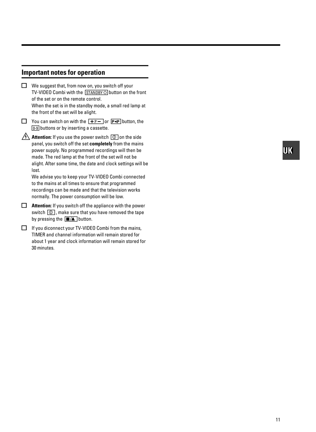 Philips 21PV708-715-908-918/39 manual Important notes for operation, 9buttons or by inserting a cassette Button 