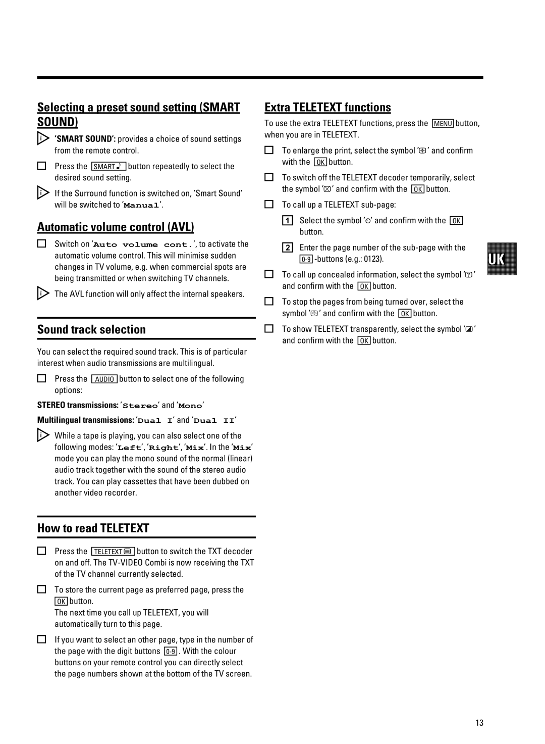 Philips 21PV708-715-908-918/39 manual Selecting a preset sound setting Smart Sound, Automatic volume control AVL 