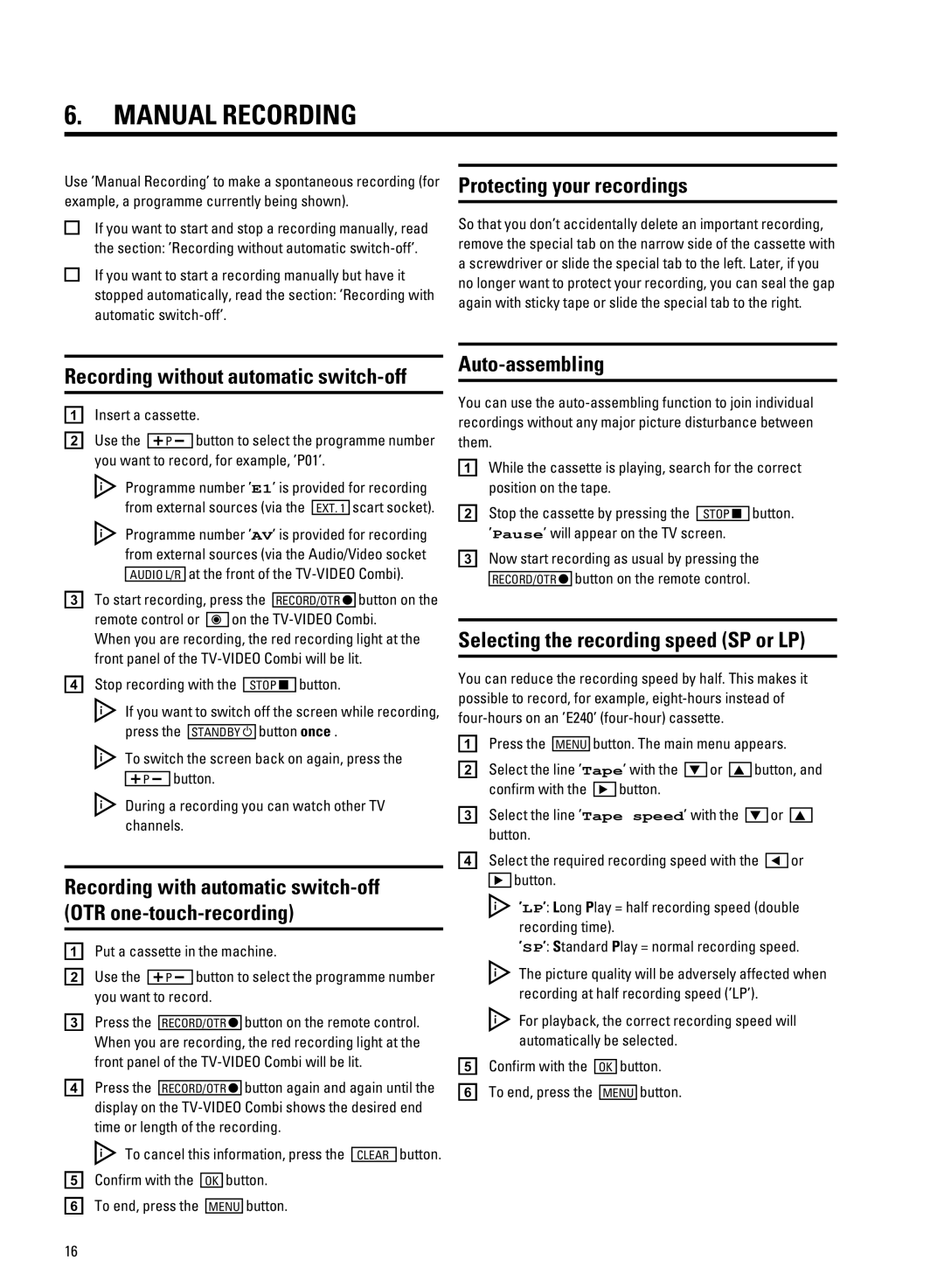 Philips 21PV708-715-908-918/39 manual Manual Recording, Protecting your recordings, Auto-assembling 