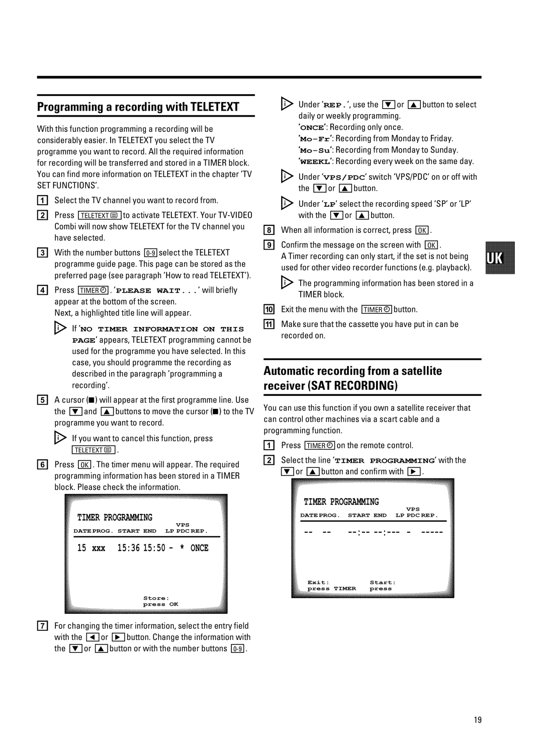 Philips 21PV708-715-908-918/39 manual Automatic recording from a satellite receiver SAT Recording 