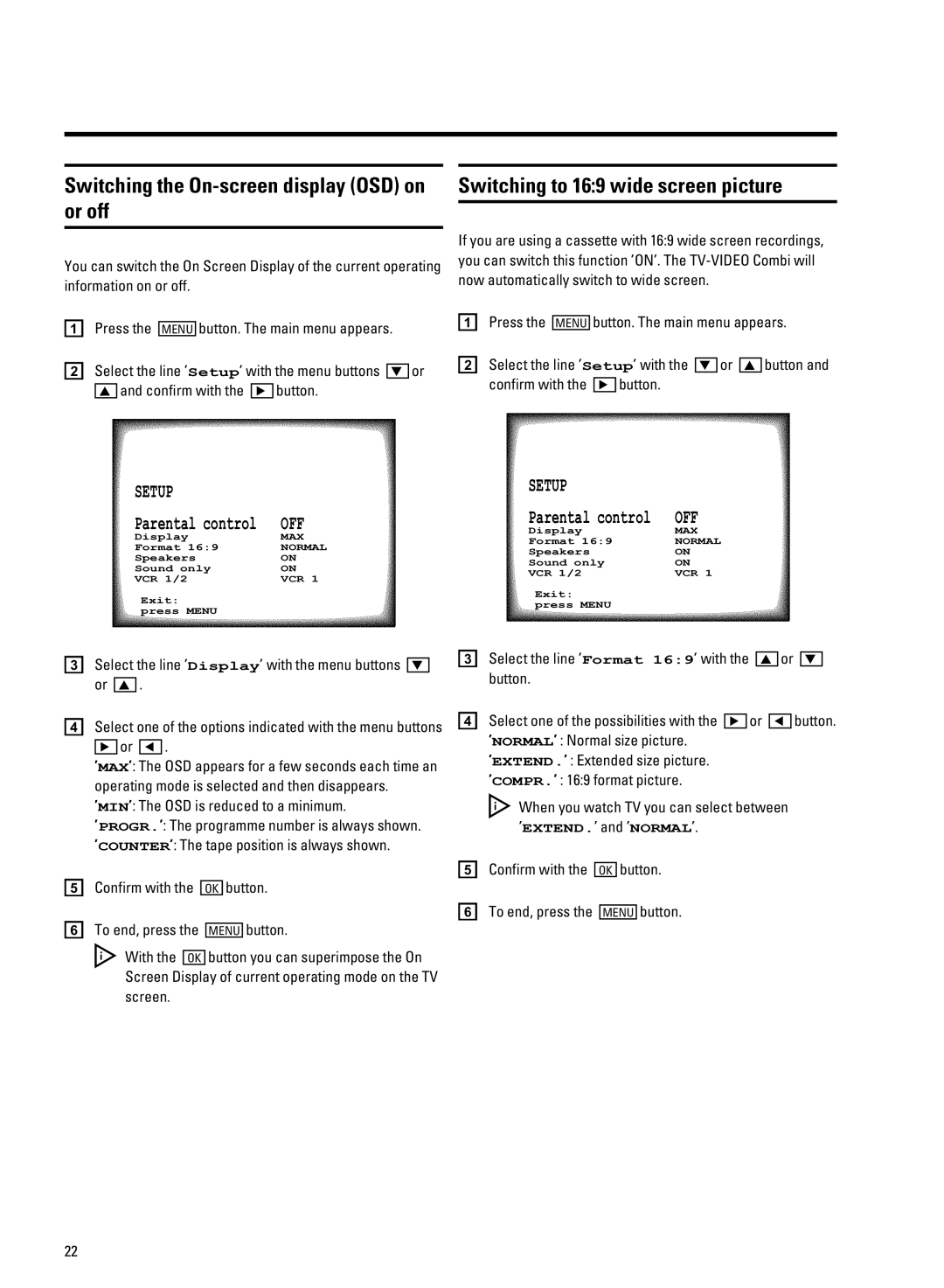 Philips 21PV708-715-908-918/39 manual Switching the On-screen display OSD on or off, Switching to 169 wide screen picture 