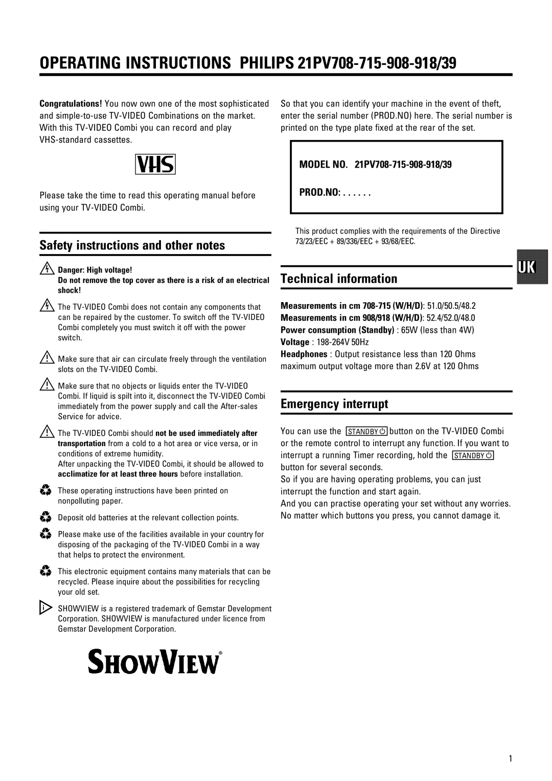 Philips Operating Instructions Philips 21PV708-715-908-918/39, Safety instructions and other notes, Emergency interrupt 