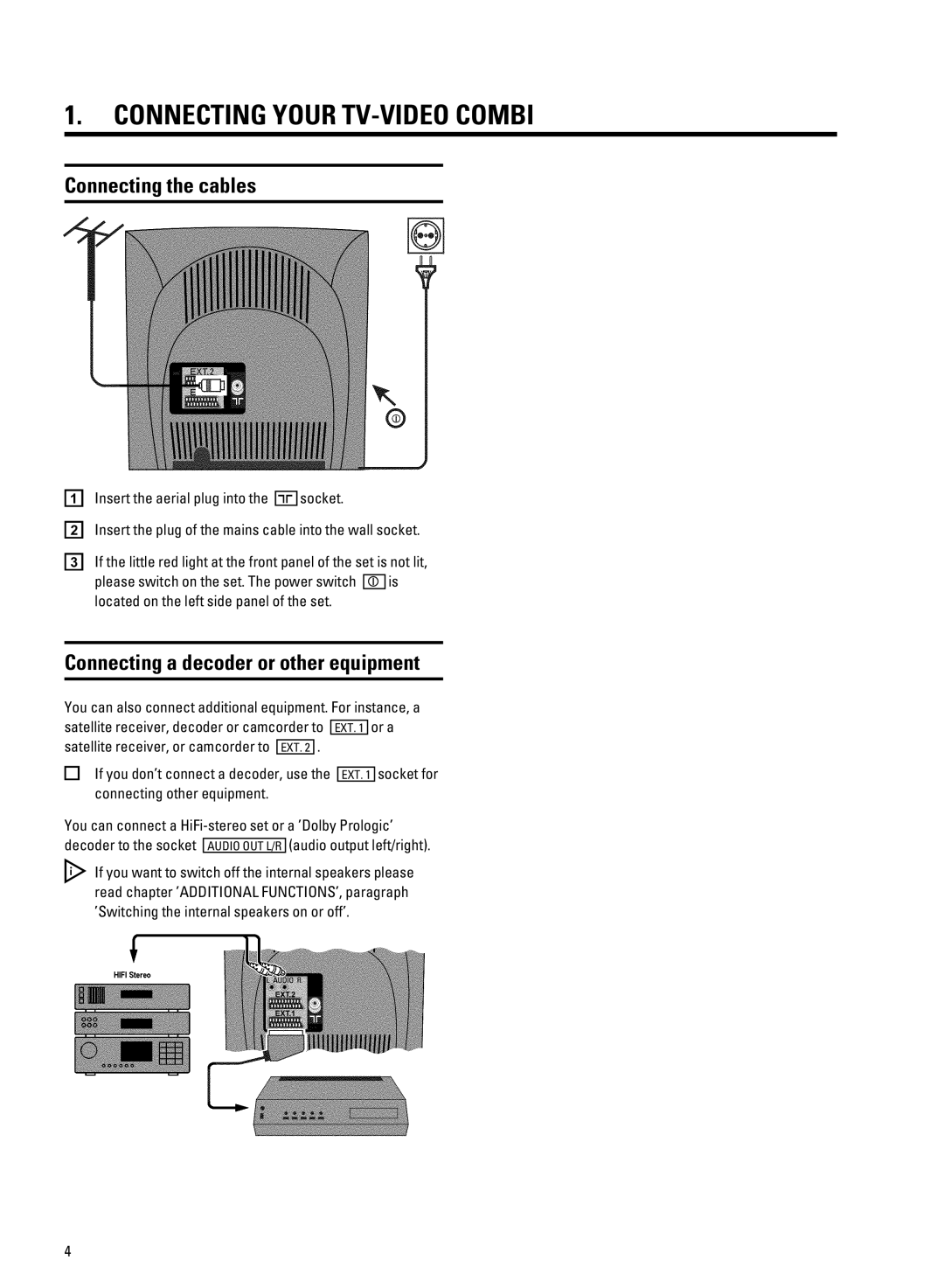 Philips 21PV708-715-908-918/39 manual Connecting Your TV-VIDEO Combi, Connecting the cables 