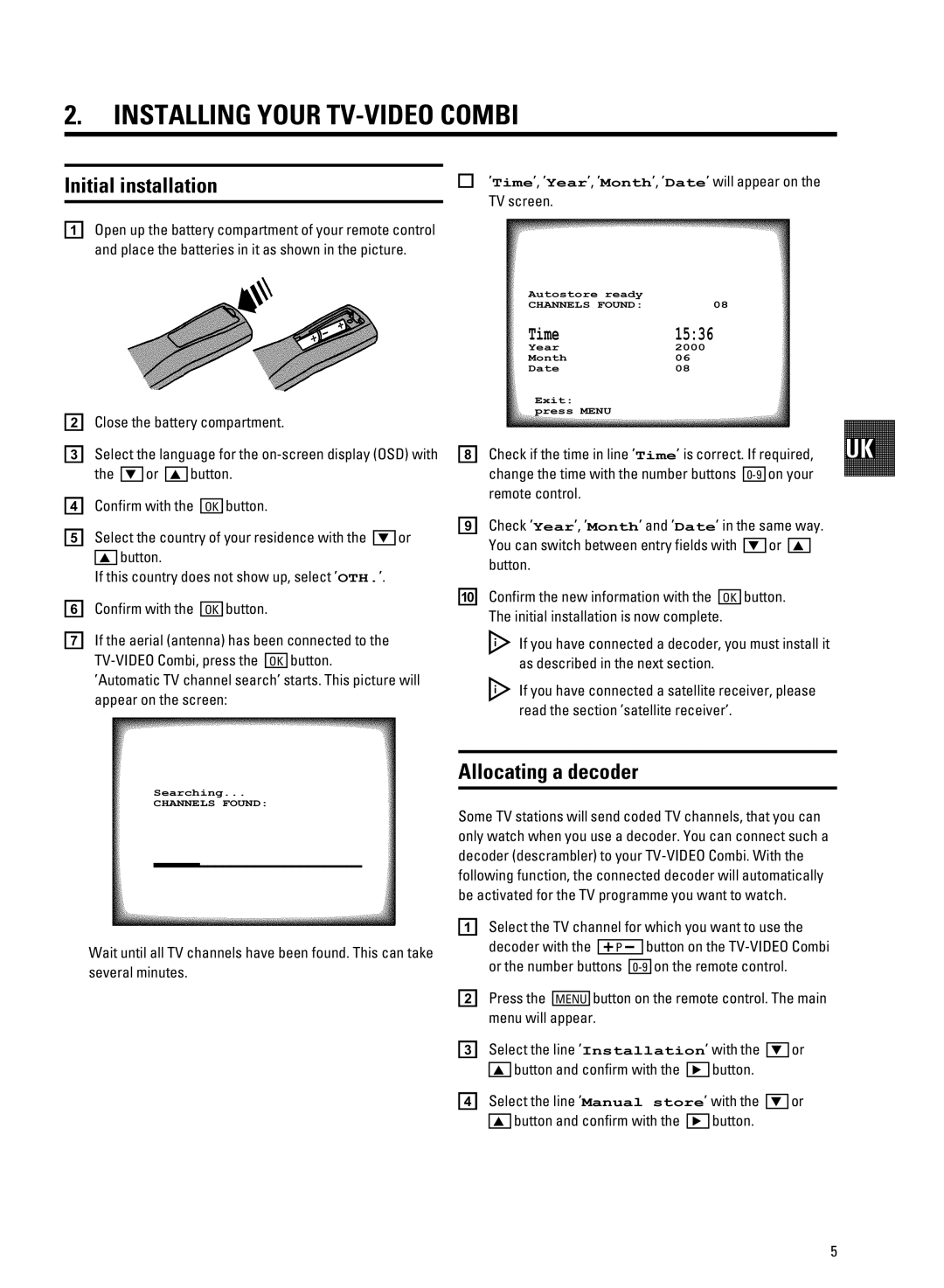 Philips 21PV708-715-908-918/39 manual Installing Your TV-VIDEO Combi, Initial installation, Allocating a decoder 