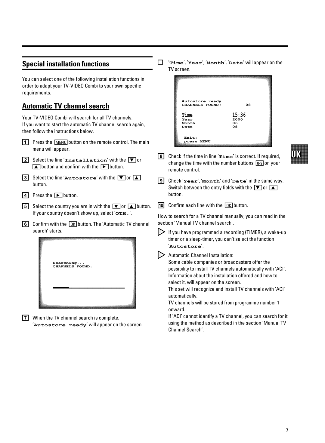 Philips 21PV708-715-908-918/39 manual Special installation functions, Automatic TV channel search 