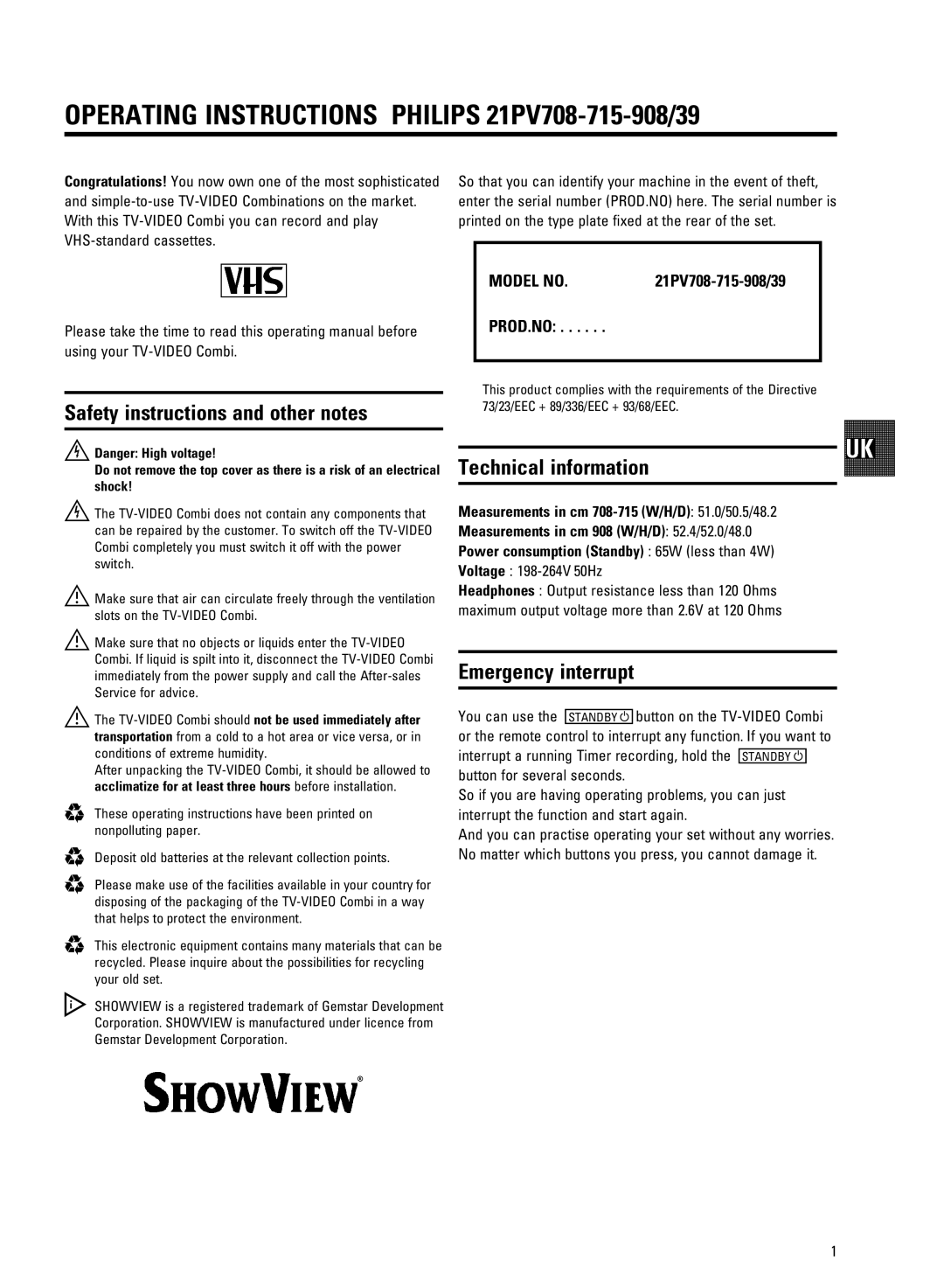 Philips Operating Instructions Philips 21PV708-715-908/39, Safety instructions and other notes, Technical information 