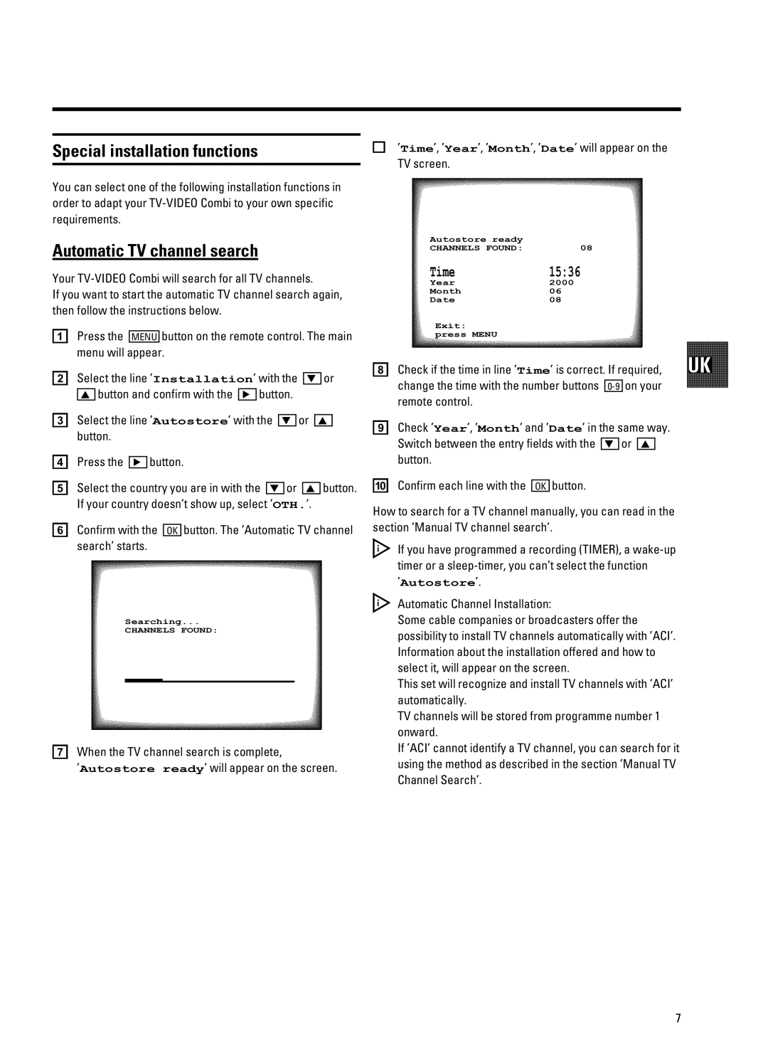 Philips 21PV708-715-908/39 manual Special installation functions, Automatic TV channel search 