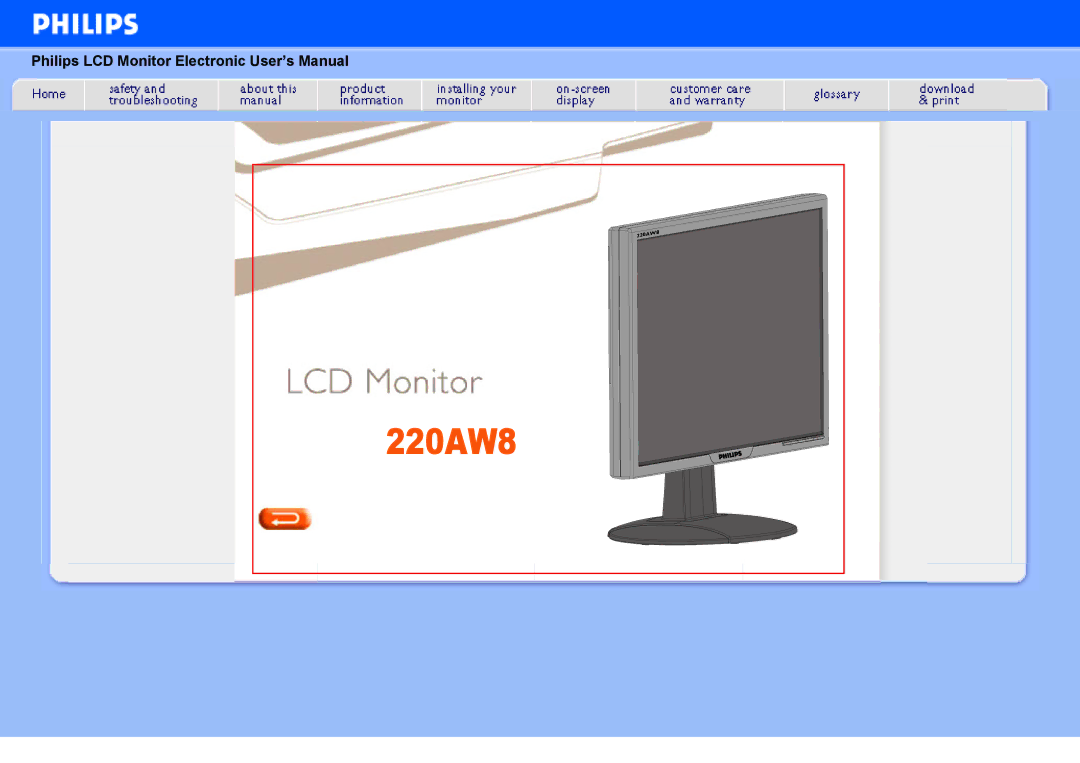 Philips 220AW8 user manual Philips LCD Monitor Electronic User’s Manual 