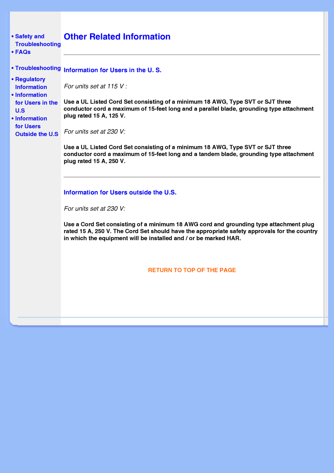 Philips 220AW8 user manual Information for Users in the U. S, Information for Users outside the U.S 