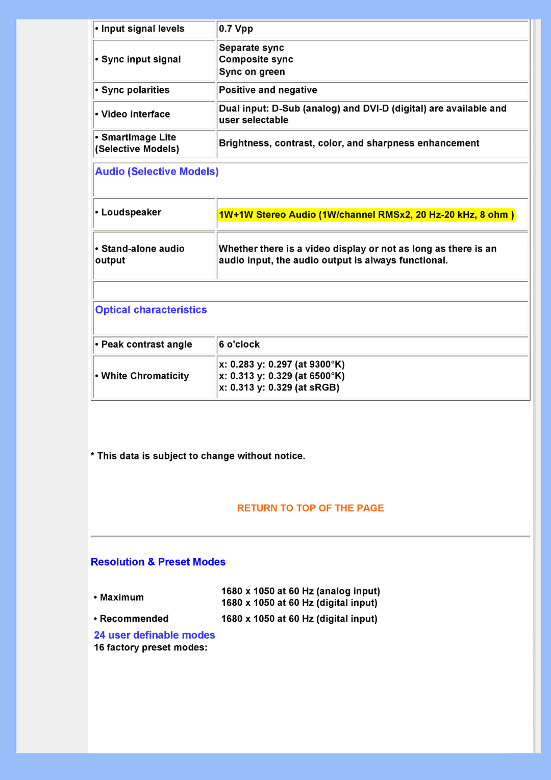 Philips 220AW8 user manual Audio Selective Models, Resolution & Preset Modes 