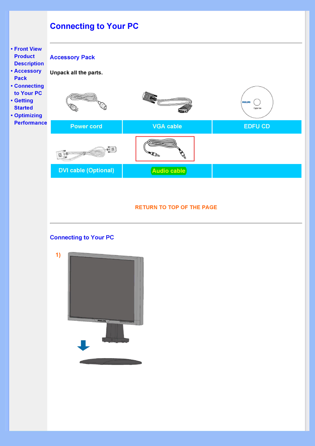 Philips 220AW8 user manual Accessory Pack, Connecting to Your PC 