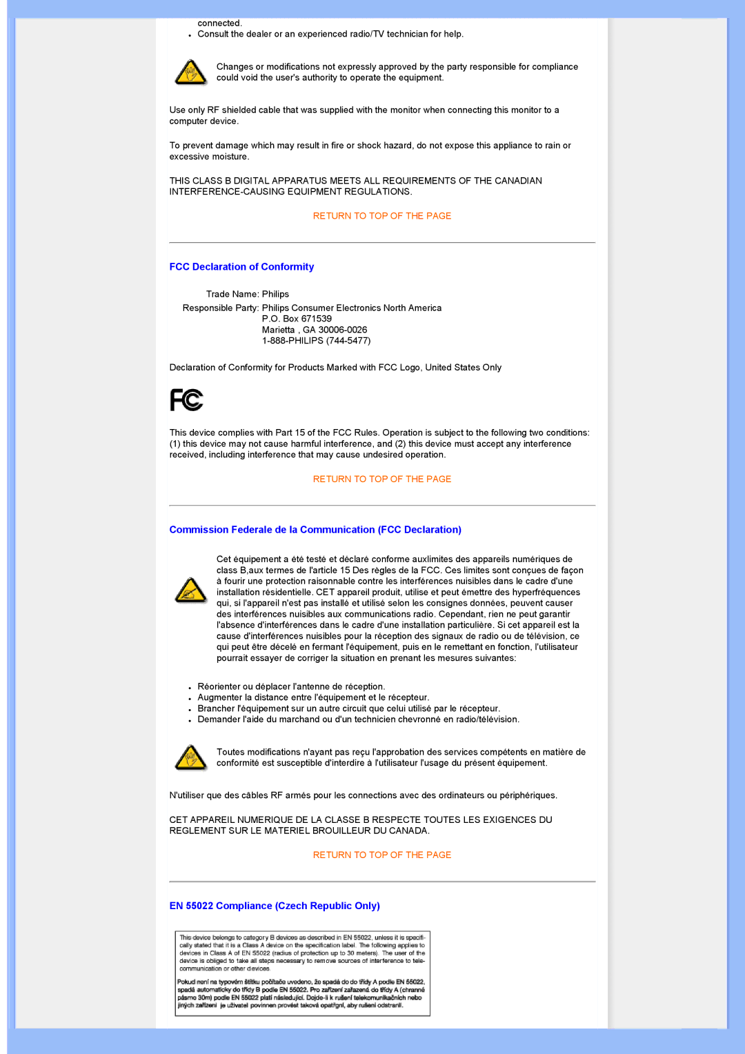 Philips 220AW8 user manual EN 55022 Compliance Czech Republic Only 