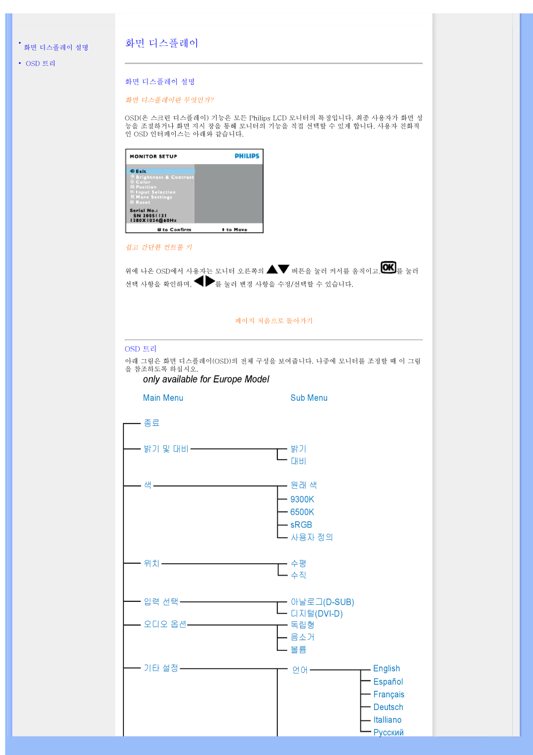 Philips 220AW8 user manual 화면 디스플레이 설명, Osd 트리 