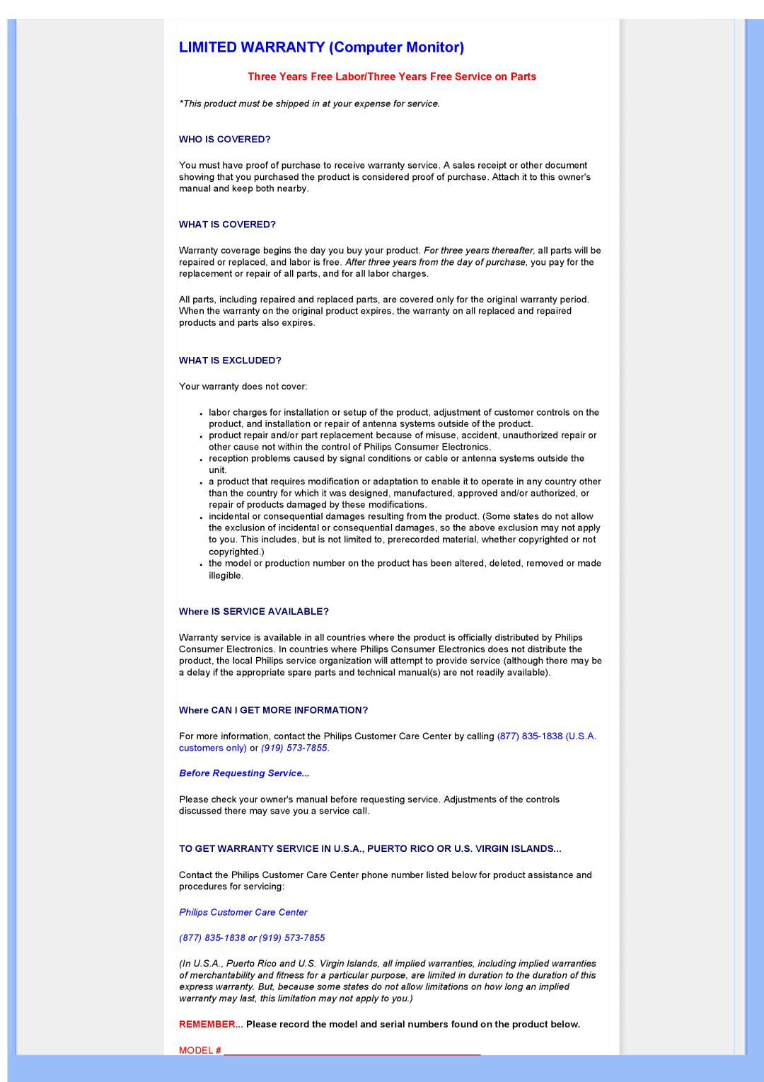 Philips 220AW8 user manual Limited Warranty Computer Monitor 