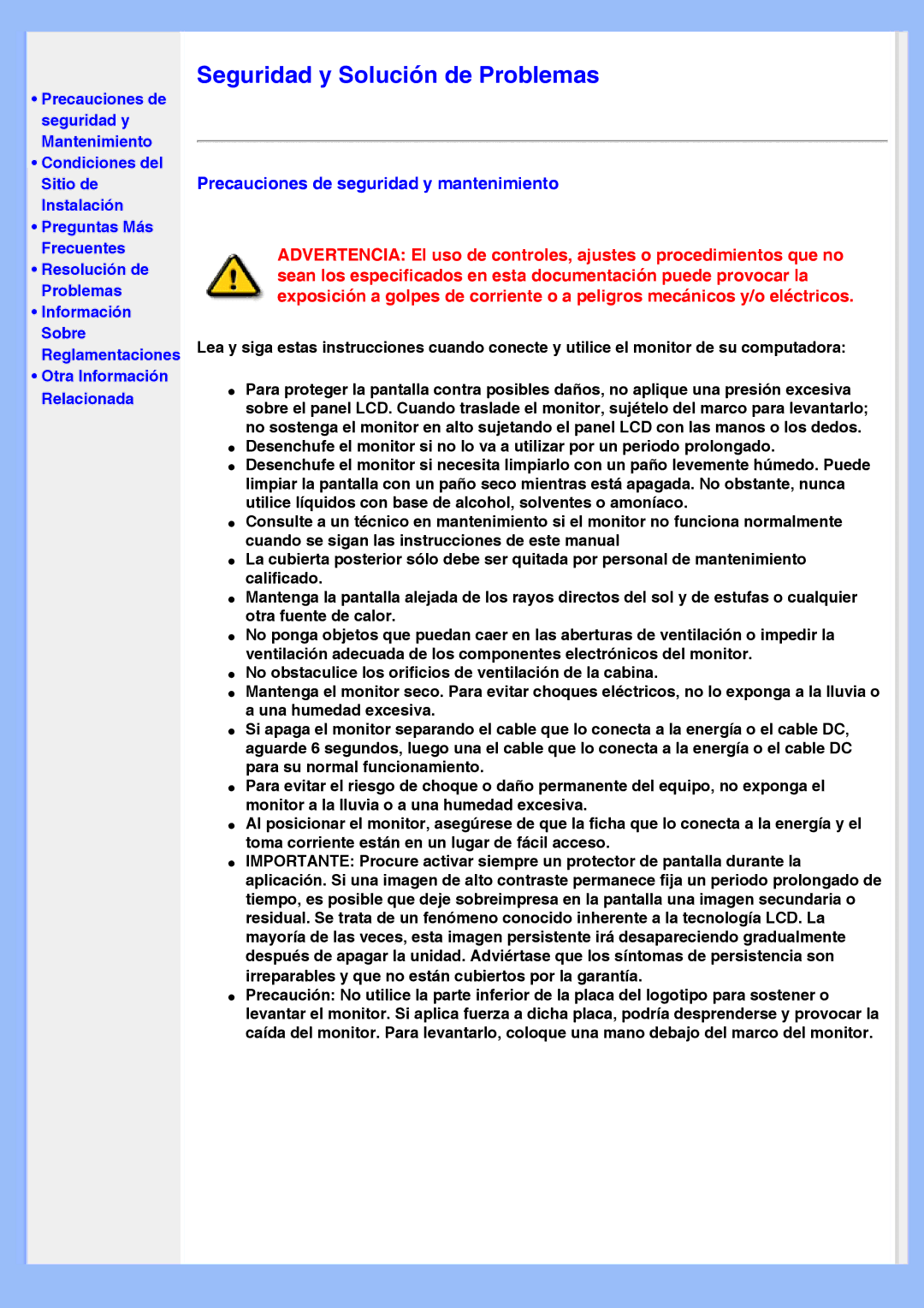 Philips 220AW8 user manual Seguridad y Solución de Problemas, Precauciones de seguridad y mantenimiento 